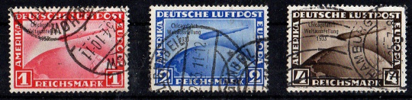 Michel Nr. 496 - 498, Chicagofahrt 1933 gestempelt,  geprüft BPP.